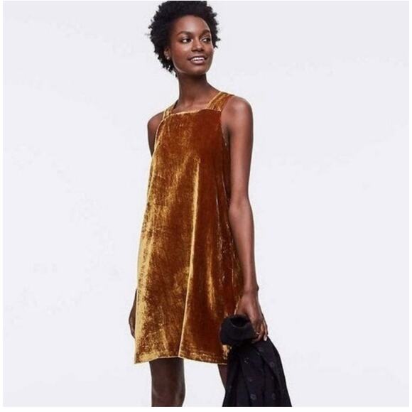 Loft velvet shift dress gold sz L lined sleeveless crushed - Picture 1 of 16